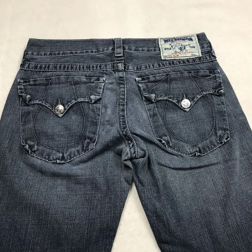 TRUE RELIGION Slim Fit Jeans Men 32x28 Dark Wash Flap Pocket USA Made